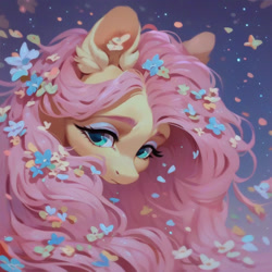 Size: 1024x1024 | Tagged: safe, ai content, derpibooru import, generator:purplesmart.ai, generator:stable diffusion, machine learning assisted, machine learning generated, fluttershy, pegasus, pony, g4, beautiful, cute, ear fluff, ears, eyeshadow, female, flower, flower in hair, fluffy, green eyes, long hair, long mane, makeup, mare, night, pink hair, pink mane, prompter:saltyvity, sad, sad face, sadorable, shyabetes, solo, sparkles