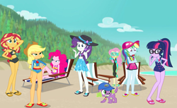 Size: 3095x1894 | Tagged: safe, derpibooru import, applejack, fluttershy, pinkie pie, rainbow dash, rarity, sci-twi, spike, spike the regular dog, sunset shimmer, twilight sparkle, dog, human, equestria girls, g4, beach, bikini, clothes, female, hat, male, swimsuit