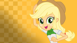 Size: 3840x2160 | Tagged: safe, artist:octosquish7260, derpibooru import, applejack, human, equestria girls, g4, applejack's hat, checkered background, clothes, cowboy hat, female, gradient background, hat, solo