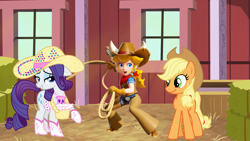 Size: 5419x3049 | Tagged: safe, artist:cloudy glow, artist:cloudyglow, artist:sollace, artist:user15432, derpibooru import, applejack, rarity, earth pony, human, pony, unicorn, clothes, cowboy hat, cowgirl boots, cowgirl outfit, cowgirl peach, cowgirl style, crossover, hat, lasso, princess peach, princess peach showtime, raripeach, rope, super mario bros., sweet apple acres