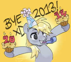 Size: 1280x1122 | Tagged: safe, artist:llemoncurdll, derpibooru import, derpy hooves, pegasus, pony, g4, candle, derp, derpy being derpy, eye clipping through hair, female, food, happy, happy new year, happy new year 2024, hat, holiday, mare, muffin, noisemaker, party hat, party horn, simple background, smiling, solo, yellow background