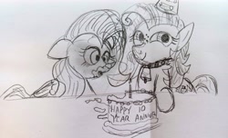 Size: 3990x2426 | Tagged: safe, artist:dhm, derpibooru import, fluttershy, oc, oc:milky way, pony, /mlp/, anniversary, anniversary art, cake, candle, drawthread, food, high res, monochrome, sketch, traditional art