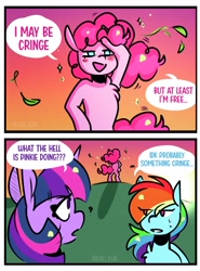 Size: 1518x2048 | Tagged: safe, artist:lrusu, derpibooru import, pinkie pie, rainbow dash, twilight sparkle, earth pony, pegasus, pony, unicorn, g4, 2 panel comic, bipedal, blushing, chest fluff, comic, cringing, dialogue, female, freedom, leaf, mare, question mark, shadow, sparkles, speech, speech bubble, sunset, sweat, talking, text, vulgar, windswept mane