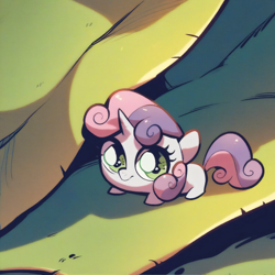 Size: 4096x4096 | Tagged: safe, ai content, derpibooru import, machine learning generated, sweetie belle, pony, unicorn, g4, absurd resolution, big head, blank flank, closed mouth, cute, female, filly, foal, leaf, looking at you, micro, plant, prompt in description, prompter:hazy skies, simple background, smiling, smiling at you, smol, solo, tiny, upscaled