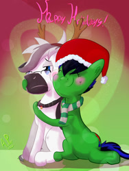 Size: 1500x2000 | Tagged: safe, alternate version, artist:ace play, derpibooru import, oc, oc only, oc:lupi, oc:snoopy stallion, earth pony, pony, unicorn, antlers, blushing, christmas, clothes, collar, duo, earth pony oc, female, glasses, hat, heart, holiday, horn, hug, male, mare, oc x oc, reindeer antlers, santa hat, scarf, shipping, sitting, smiling, stallion, straight, unamused, unicorn oc