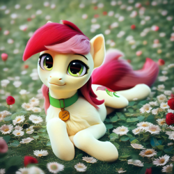 Size: 4096x4096 | Tagged: safe, ai content, derpibooru import, generator:purplesmart.ai, generator:stable diffusion, machine learning generated, roseluck, pony, g4, 3d, collar, cute, fluffy, lying down, pet tag, pony pet, prompter:doom9454, rosepet