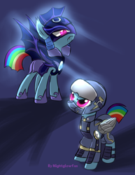 Size: 2550x3300 | Tagged: safe, artist:nightglowfan, derpibooru import, rainbow dash, bat pony, pegasus, pony, g4, to where and back again, alternate hairstyle, alternate timeline, amputee, apocalypse dash, armor, artificial wings, augmented, bat wings, crystal war timeline, folded wings, helmet, high res, night guard, night guard dash, nightmare takeover timeline, prosthetic limb, prosthetic wing, prosthetics, royal guard, self paradox, signature, spread wings, wings