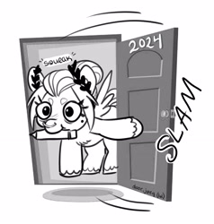 Size: 3017x3173 | Tagged: safe, artist:opalacorn, derpibooru import, oc, oc only, oc:void, pegasus, pony, beanbrows, black and white, door, door slam, eyebrows, female, grayscale, high res, laurel wreath, male, mare, monochrome, mouth hold, pencil drawing, simple background, solo, traditional art, unshorn fetlocks, white background