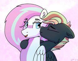 Size: 1675x1314 | Tagged: safe, artist:single purpose, derpibooru import, oc, oc only, oc:dyn, oc:treading step, pegasus, pony, cheek fluff, cute, cute artist, duo, duo male, eye clipping through hair, eyelashes, eyes closed, folded wings, kiss on the cheek, kissing, male, multicolored hair, oc x oc, open mouth, shipping, simple background, wings