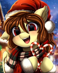 Size: 2550x3209 | Tagged: safe, artist:pridark, derpibooru import, oc, oc only, oc:noctalia, bat pony, pony, bat pony oc, bat wings, candy, candy cane, christmas, clothes, commission, cute, fangs, food, hat, high res, holiday, one ear down, open mouth, pridark is trying to murder us, santa hat, scarf, snow, snowfall, solo, striped scarf, wings, ych result