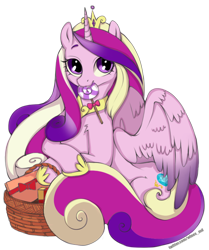 Size: 692x829 | Tagged: safe, artist:mdwines, derpibooru import, princess cadance, alicorn, pony, g4, candy, crown, cute, cutedance, female, feral, food, gift wrapped, horn, jewelry, looking at you, mare, mouth hold, regalia, simple background, solo, transparent background, wings
