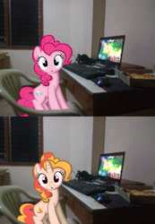 Size: 1024x1477 | Tagged: safe, derpibooru import, pinkie pie, oc, oc:pizza pie, earth pony, pony, unicorn, chair, computer, full friendships magic, headphones, pizza pie, table