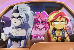 Size: 1440x978 | Tagged: safe, artist:the-butch-x, derpibooru import, sunset shimmer, human, equestria girls, g4, 2d, anthro to human, belly button, breasts, car, cleavage, clothes, crossover, disguise, disguised demon, disguised hellhound, earpiece, eyeshadow, female, fingernails, geode of empathy, hellborn, helluva boss, humanized, jewelry, lidded eyes, loona (helluva boss), magical geodes, makeup, middle finger, midriff, miss heed, nail polish, species swap, transformation, transformed, trio, trio female, unamused, vehicle, villainous, vulgar