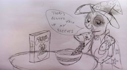 Size: 4160x2303 | Tagged: safe, artist:dhm, derpibooru import, trixie, pony, g4, breakfast, cereal, drawthread, food, monochrome, sketch, solo, speech bubble, table, traditional art, trix