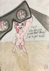 Size: 1425x2048 | Tagged: safe, artist:antnoob, artist:lightsolver, derpibooru import, pinkie pie, earth pony, human, pony, g4, anatomically incorrect, colored, colored pencils, female, indoors, looking at you, mare, offscreen character, offscreen human, open mouth, open smile, pecs, pov, smiling, solo, traditional art, virtual reality, vr headset