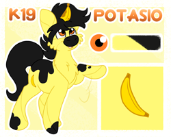 Size: 2500x2000 | Tagged: safe, artist:euspuche, derpibooru import, oc, oc only, oc:potasio, robot, unicorn, banana, food, looking up, male, reference sheet, smiling, solo, waving