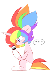 Size: 1280x1690 | Tagged: safe, artist:ladylullabystar, derpibooru import, oc, oc only, oc:lady lullaby star, pony, unicorn, ..., asexual pride flag, ball, big ears, coat markings, ears, female, mare, multicolored hair, ponytail, pride, pride flag, rainbow hair, simple background, sitting, socks (coat marking), solo, thinking, transparent background