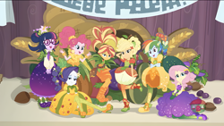 Size: 3200x1800 | Tagged: safe, derpibooru import, screencap, applejack, fluttershy, pinkie pie, rainbow dash, rarity, sci-twi, sunset shimmer, twilight sparkle, equestria girls, equestria girls series, g4, holidays unwrapped, spoiler:eqg series (season 2), clothes, converse, cornucopia, cornucopia costumes, costume, dress, eggplant, female, food, fruit, group photo, humane five, humane seven, humane six, inflatable, inflatable dress, o come all ye squashful, puffy sleeves, shoes, treehouse logo