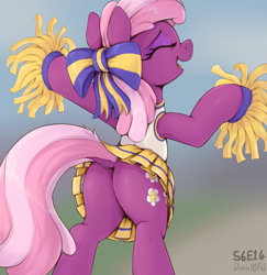 Size: 2887x2974 | Tagged: safe, alternate version, artist:dosh, derpibooru import, cheerilee, earth pony, pony, g4, the cart before the ponies, adorasexy, bipedal, bow, butt, butt focus, cheerileeder, cheering, cheerleader, cheerleader outfit, clothes, cute, dock, eyes closed, female, flowerbutt, high res, mare, open mouth, open smile, plot, pom pom, rear view, sexy, skirt, smiling, solo, tail, upskirt