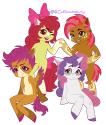 Size: 1720x2024 | Tagged: safe, artist:caffeinatedcarny, derpibooru exclusive, derpibooru import, apple bloom, babs seed, scootaloo, sweetie belle, anthro, earth pony, pegasus, unguligrade anthro, unicorn, g4, apple bloom's bow, bow, child, chubby, closed mouth, coat markings, colored hooves, countershading, cousins, cutie mark crusaders, dappled, facial markings, female, filly, foal, freckles, grin, group, hair bow, holding hands, leg freckles, looking at you, mealy mouth (coat marking), one eye closed, open mouth, open smile, pale belly, ponytail, quartet, simple background, sitting, slender, smiling, smiling at you, socks (coat marking), standing, star (coat marking), tail, tail bow, thin, transparent background, wink, winking at you, young