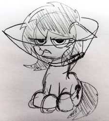 Size: 2435x2706 | Tagged: safe, artist:dhm, derpibooru import, oc, oc:anon filly, pony, annoyed, ears back, elizabethan collar, female, filly, foal, monochrome, sketch, solo, traditional art