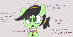 Size: 1467x743 | Tagged: safe, artist:wanda, derpibooru import, oc, oc only, oc:anon filly, earth pony, pony, animal costume, bee costume, clothes, costume, dialogue, female, filly, foal, medicine, sad