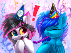 Size: 2000x1509 | Tagged: safe, artist:atlas-66, derpibooru import, oc, oc only, oc:lunylin, oc:skyshade blue, pegasus, pony, birthday, duo, hat, party hat, party horn, pegasus oc, streamers