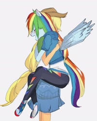 Size: 1417x1771 | Tagged: safe, artist:cerise, derpibooru import, applejack, rainbow dash, human, equestria girls, g4, appledash, applejack's hat, blushing, clothes, cowboy hat, duo, female, hat, hug, lesbian, open mouth, shipping, simple background, spread wings, white background, wings