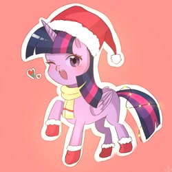 Size: 2048x2048 | Tagged: safe, artist:cerise, derpibooru import, twilight sparkle, twilight sparkle (alicorn), alicorn, pony, g4, christmas, clothes, hat, heart, holiday, looking at you, one eye closed, open mouth, orange background, santa hat, scarf, simple background, smiling, solo, wink