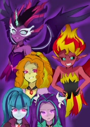 Size: 1449x2048 | Tagged: safe, artist:cerise, derpibooru import, adagio dazzle, aria blaze, midnight sparkle, sci-twi, sonata dusk, sunset satan, sunset shimmer, twilight sparkle, human, equestria girls, g4, clothes, glowing, glowing eyes, jewelry, looking at you, necklace, smiling, smirk, spread wings, the dazzlings, wings