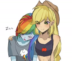 Size: 1617x1386 | Tagged: safe, artist:cerise, derpibooru import, applejack, rainbow dash, human, equestria girls, g4, appledash, applejack's hat, bare shoulders, clothes, cowboy hat, duo, female, freckles, hat, hug, lesbian, midriff, open mouth, shipping, shirt, simple background, sleeping, sleeveless, smiling, t-shirt, white background