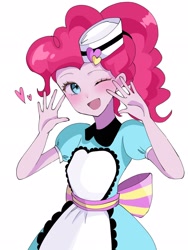 Size: 1536x2048 | Tagged: safe, artist:cerise, derpibooru import, pinkie pie, human, equestria girls, g4, clothes, hat, heart, one eye closed, open mouth, simple background, smiling, solo, white background, wink