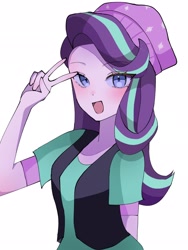 Size: 1536x2048 | Tagged: safe, artist:cerise, derpibooru import, starlight glimmer, human, equestria girls, g4, beanie, bust, clothes, hat, looking at you, open mouth, peace sign, simple background, smiling, solo, white background