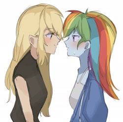 Size: 2048x2028 | Tagged: safe, artist:cerise, derpibooru import, applejack, rainbow dash, human, equestria girls, g4, appledash, clothes, duo, female, jacket, lesbian, looking at each other, looking at someone, shipping, simple background, sweat, sweatdrop, white background