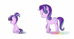 Size: 2048x1080 | Tagged: safe, artist:cerise, derpibooru import, starlight glimmer, pony, unicorn, g4, crying, duality, female, filly, filly starlight glimmer, foal, frown, self paradox, self ponidox, simple background, sitting, solo, standing, time paradox, white background, younger