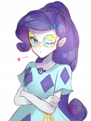 Size: 1536x2048 | Tagged: safe, artist:cerise, derpibooru import, rarity, human, equestria girls, g4, clothes, crossed arms, dress, glasses, hairpin, heart, one eye closed, simple background, solo, white background, wink