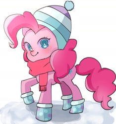 Size: 1517x1620 | Tagged: safe, artist:cerise, derpibooru import, pinkie pie, earth pony, pony, g4, clothes, hat, looking at you, raised hoof, raised leg, scarf, simple background, smiling, solo, white background