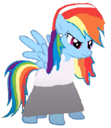 Size: 446x513 | Tagged: safe, derpibooru import, edit, screencap, rainbow dash, pegasus, pony, g4, 1000 hours in ms paint, angry, bad edit, clothes, ear piercing, earring, female, headband, jewelry, long hair, low effort, low quality, mare, needs more jpeg, piercing, shirt, simple background, skirt, solo, transparent background, wallpaper