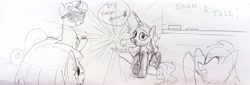 Size: 3856x1307 | Tagged: safe, artist:dhm, derpibooru import, princess celestia, alicorn, pony, classroom, drawthread, female, filly, foal, fusion, goggles, monochrome, show and tell, sketch, speech bubble, teacher, traditional art, young celestia