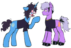Size: 3050x2050 | Tagged: safe, artist:mxmx fw, derpibooru import, earth pony, pony, unicorn, angry, clothes, clown makeup, curly hair, dyed mane, el maau, el uriel, hoof polish, horn, jewelry, looking at each other, looking at someone, onecoin crew, ponified, simple background, spanish, species swap, transparent background, unshorn fetlocks, youtuber
