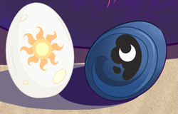 Size: 751x480 | Tagged: safe, artist:abavus, derpibooru import, princess celestia, princess luna, g4, cropped, egg, transformation, vored into an egg