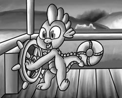 Size: 3000x2400 | Tagged: safe, artist:saburodaimando, derpibooru import, spike, dragon, g4, black and white, disney, grayscale, male, monochrome, solo, steamboat willie