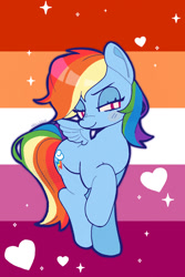 Size: 1000x1500 | Tagged: safe, artist:hellseur, derpibooru import, rainbow dash, pegasus, pony, g4, blushing, lesbian pride flag, pride, pride flag, raised hoof, raised leg, smiling, solo