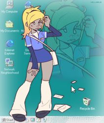 Size: 1284x1512 | Tagged: safe, artist:hellseur, derpibooru import, derpy hooves, human, equestria girls, g4, :p, bag, blonde, clothes, kneesocks, mailbag, mailmare, microsoft windows, ponytail, skirt, socks, solo, standing, tongue, tongue out, windows 95, windows 98