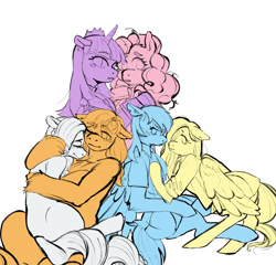 Size: 1192x1142 | Tagged: safe, artist:dragonmickie, derpibooru import, applejack, fluttershy, pinkie pie, rainbow dash, rarity, twilight sparkle, twilight sparkle (alicorn), alicorn, earth pony, pegasus, pony, unicorn, g4, clothes, cuddling, female, hug, lesbian, mane six, open mouth, rarijack, shipping, simple background, smiling, unshorn fetlocks, white background