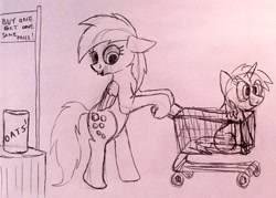 Size: 3660x2627 | Tagged: safe, artist:dhm, derpibooru import, derpy hooves, dinky hooves, pegasus, pony, g4, bipedal, drawthread, food, monochrome, oats, sale, shopping, shopping cart, sketch, traditional art, unicron