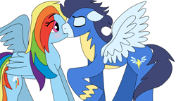 Size: 1256x720 | Tagged: safe, artist:dasher666, artist:neonspirit17, derpibooru import, edit, rainbow dash, soarin', pegasus, pony, g4, blushing, clothes, female, kiss on the lips, kissing, male, shipping, soarindash, straight, uniform, wonderbolts uniform