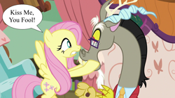 Size: 1280x720 | Tagged: safe, derpibooru import, edit, edited screencap, screencap, discord, fluttershy, discordant harmony, discoshy, female, glasses, hooves on face, kiss me you fool, male, shipping, speech bubble, straight