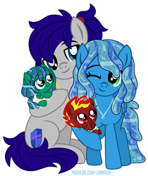 Size: 924x1100 | Tagged: safe, artist:jennieoo, derpibooru import, oc, oc only, oc:maverick, oc:ocean soul, oc:scorched earth, oc:stormy gale, earth pony, pegasus, pony, adorable face, baby, baby pony, colt, couple, cute, diaper, family, family photo, female, filly, foal, hug, jewelry, lovers, male, mane of fire, mare, necklace, one eye closed, show accurate, simple background, smiling, stallion, transparent background, vector, water mane, wink