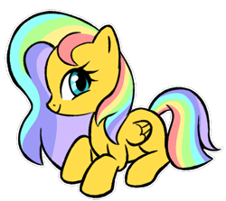 Size: 628x559 | Tagged: safe, artist:kaji-tanii, derpibooru import, oc, oc only, oc:rainbow glow, pegasus, pony, commissioner:coreypeters163, female, filly, foal, folded wings, lying down, multicolored hair, prone, rainbow hair, simple background, solo, transparent background, wings